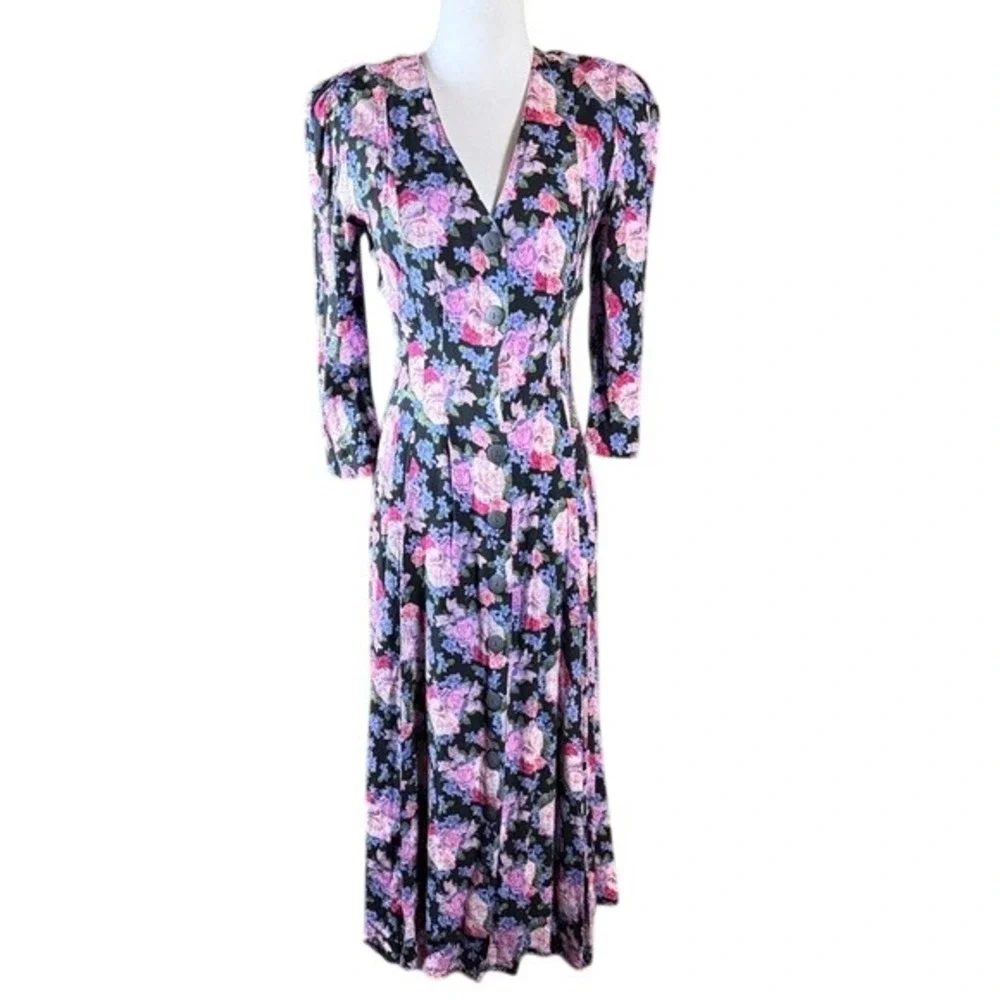 Jonathan Martin Vintage 90s Floral Button Front Maxi‎ Dress Black Pink Size 5/6
